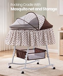 Rocking Cradle with Mosquito Net & Storage Basket Gentle Rocking Function Lockable Wheels Portable & Comfortable New Born Essential Easy to Assemble - Brown