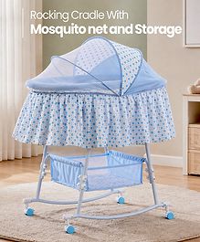 Rocking Cradle with Mosquito Net & Storage Basket Gentle Rocking Function Lockable Wheels Portable & Comfortable New Born Essential Easy to Assemble - Blue