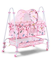 Baby Cradle with Mosquito Net & Lockable Wheels - Pink| Vehicle Printed Cradle with Smooth Swing| Storage Basket & Sturdy Frame| Balanced Swing| New Born Essential