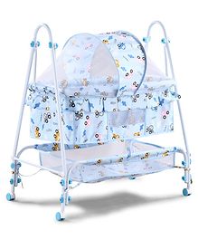 Baby Cradle with Mosquito Net & Lockable Wheels - Blue| Vehicle Printed Cradle with Smooth Swing| Storage Basket & Sturdy Frame| Balanced Swing| New Born Essential