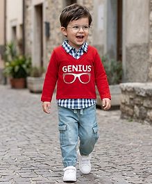Babyhug Single Jersey Knit Full Sleeves Checkered Polo T-Shirt & Jeans Set with Genius Print - Red & Blue