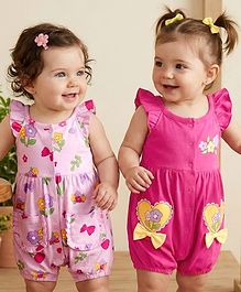 Babyoye 100% Cotton Terry Knit Frill Sleeves Rompers with Floral Print & Bow Applique Pack of 2 - Pink & Lavender