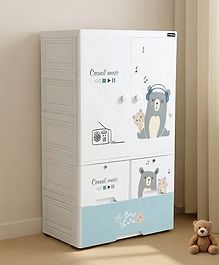 Babyhug 3 Layer Plastic Kids Wardrobe & Storage Cabinet with Wheels  Bear & Music - White| Multipurpose Organizer for Toys, Books & Clothes| Anti-Slip Base| Easy Assembly| Sturdy High Density Plastic