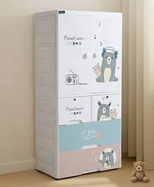 Babyhug 4 Layer Plastic Kids Wardrobe &
                        Storage Cabinet with Wheels Bear & Music -
                        White| Multipurpose Organizer for Toys, Books
                        & Clothes| Anti-Slip Base| Easy Assembly|
                        Sturdy High Density Plastic