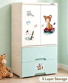 Bonfino 3 Layer Plastic Kids Wardrobe & Storage Cabinet with Wheels Happy Forest Multipurpose Organizer for Toys, Books & Clothes Anti-Slip Base Easy Assembly Sturdy High Density Plastic- White
