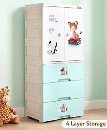 Bonfino 4 Layer Plastic Kids Wardrobe & Storage Cabinet with Wheels  Happy Forest Multipurpose Organizer for Toys, Books & Clothes Anti-Slip Base Easy Assembly Sturdy High Density Plastic- White