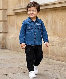 Babyhug Denim Woven Full Sleeves Shirt & Jeans Set with New York Print - Blue