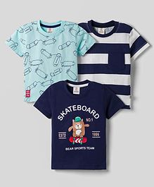 Mini Donuts Sinker Knit Half Sleeves T-Shirts With Skateboarding Print Pack of 3 - Navy Aqua Blue & White