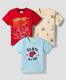 Mini Donuts Sinker Knit Half Sleeves T-Shirts with Text & Buggy Print Pack of 3 - Red Blue & Beige