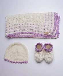The Original Knit Booties Set With Cap & Blanket - Off White & Purple