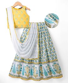 Pine Kids Woven Sleeveless Lehenga Choli Set With Floral Print & Dupatta - White