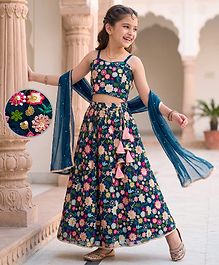 Pine Kids Woven Sleeveless Floral Embroidered Choli Lehenga Set with Sequin & Lace Detailing - Navy Blue