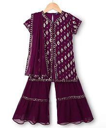 Pine Kids Woven Half Sleeves Embroidered Kurti Sharara Set With Dupatta - Violet