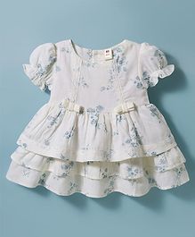 ToffyHouse Muslin Woven One Piece Dress With Floral Print & Applique - Offwhite