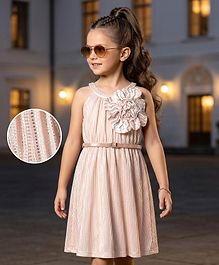 Hola Bonita Knit Sleeveless Foil Pleated Party Dress With Floral Applique & Belt- Peach