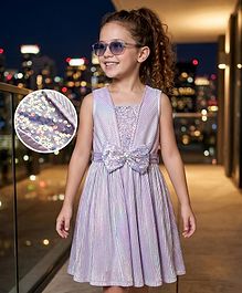 Hola Bonita Knit Sleeveless Shimmer Party Dress With Sequinned Yoke & Belt - Lilac