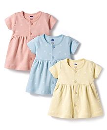Simply Interlock Knit Half Sleeves Butterfly & Bee Printed Frock Of 3 - Yellow Peach & Light Blue