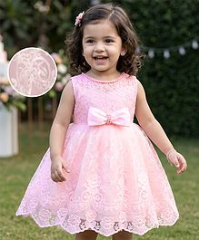 Babyhug Mesh Woven Sleeveless Party Dress With Floral Lace Detailing & Bow Applique - Light Pink