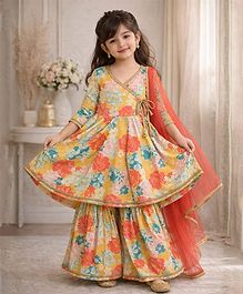 Superminis Rayon Woven Three Fourth Sleeves Floral Printed Kurti & Sharara Set With Dupatta - Yellow