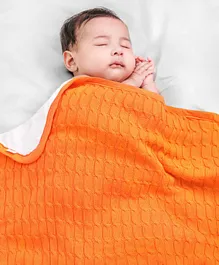 Babyhug Premium Cotton Knitted & Fur Blanket - Saffron
