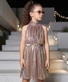 Hola Bonita Knit Sleeveless Shimmer Party Dress With Belt- Golden
