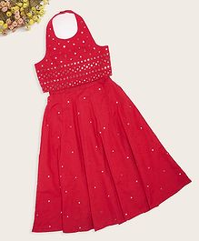 Akkriti by Pantaloons Cotton Woven Sleeveless Mirror Work Embellished Halter Neck Lehenga Choli Set - Red
