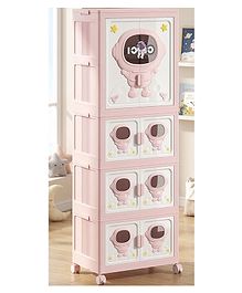 Purple Tots 5 -Tier Foldable Kids Wardrobe  Plastic Storage Organizer with Hanging Rod, Magnetic Doors & Space-Saving Design (Pink)