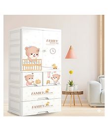 Purple Tots 4-Tier Foldable Plastic Wardrobe  Storage Cabinet with Drawers, Stackable Space-Saving Organizer, Bear Family Design (White)