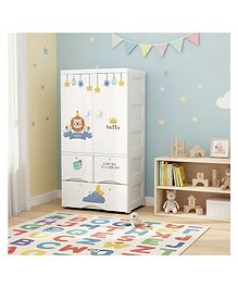 Purple Tots 4-Level Kids Foldable Wardrobe  Plastic Almirah Storage Cabinet with Shelves & 3 Drawers, Lion Design (White)
