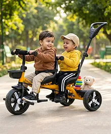 Babyhug AeroGlide DuoExplorer: 2-in-1 Twins
                        Tricycle with Puncture Proof EVA Wheels -
                        Yellow| Dual Seats & Parental Control
                        Handle| Foldable Footrest| Safety Harness|
                        Non-slip Pedals
