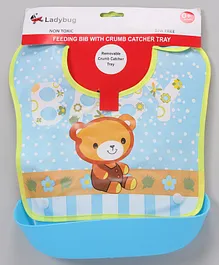Ladybug Feeding Bib With Crumb Catcher Tray Teddy Bear Print - Blue