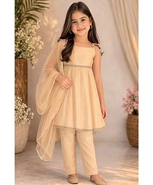 The Magic Wand Woven Sleeveless Lace Embellished Kurti & Salwar With Dupatta Set - Beige