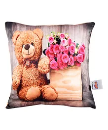 Ultra Charming Teddy Bear & Rose Print Cushion  - Multicolor