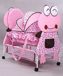 Babyhug Froggy Print Cradle With Mosquito Net and Swing Lock function - Pink
