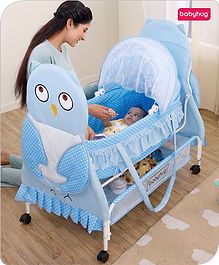Babyhug Owl Print Cradle with Mosquito Net and Swing Lock function - Blue| Detachable Bassinet| Storage Basket| Wheels with Lock