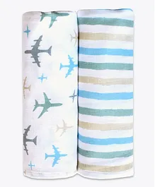 Masilo Organic Cotton Muslin Swaddle Wrappers Aeroplane Print White Multicolour - Pack of 2 