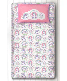 Silverlinen Unicorn & Rainbows Single Bed Sheet & Pillow Cover Set - White Pink
