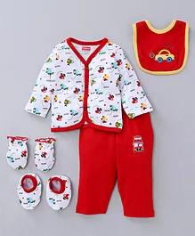 Babyhug Clothing Gift Set Car Embroidery Red White - 5 Pieces