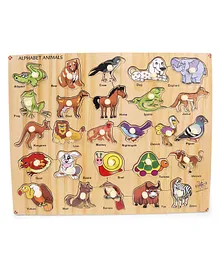 Kinder Creative Wooden Alphabet Animals With Knobs Puzzle (Color May Vary)