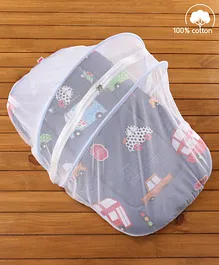 Babyhug Cotton Bedding Set With Mosquito Net City Buzz Print - Blue