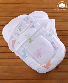 Babyhug Cotton Bedding Set With Mosquito Net Dino Junction Print - White