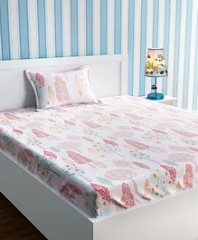 Urban Dream Bed Sheet With Pillow Cover Set Tree Print - Pink & White