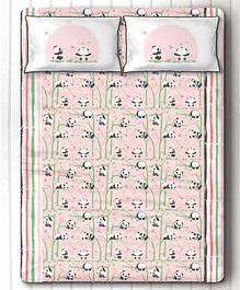 Silverlinen Panda Village Double Bedsheet with Two Pillow Covers - Pink