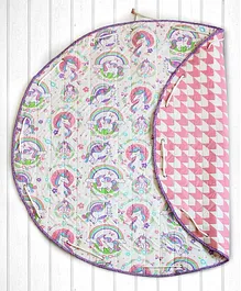 Silverlienen Unicorn & Rainbows Quilted Cotton Playmat Cum Storage Bag - Pink