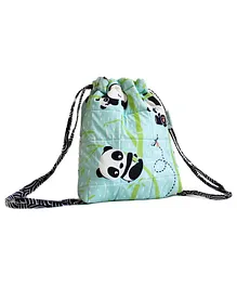 Silverlinen Quilted Cotton Drawstring Bag Panda Village Print Green - 11 inches