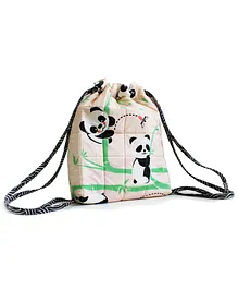 Silverlinen Quilted Cotton Drawstring Bag Panda Village Pink - 11 inches