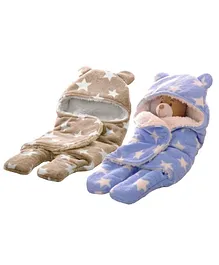 My Newborn Double Layer Hooded Swaddle Wrapper Pack of 2 - Beige & Blue