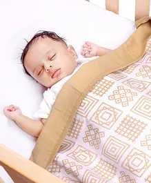 Kaarpas Premium Organic Cotton Muslin 3 Layered Quilt Blanket with Charming Patterns of Squares Medium - Beige