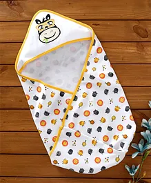 Babyhug Interlock Hooded Wrapper Animal Print - Yellow & Grey