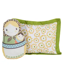 House This Cotton Pillow with Cover Polka Flower Print Doll Applique - Green